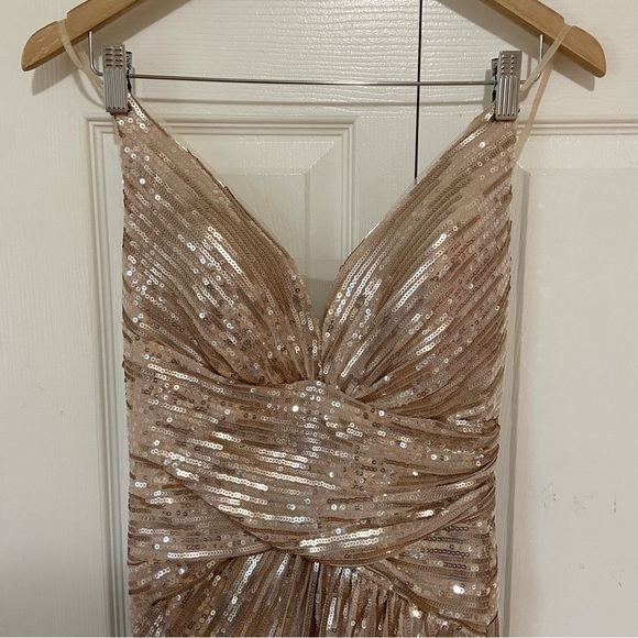 Andrea and Leo Couture Champagne Gold Open Back Sequins Maxi Gown Dress Size 6 - Picture 5 of 11